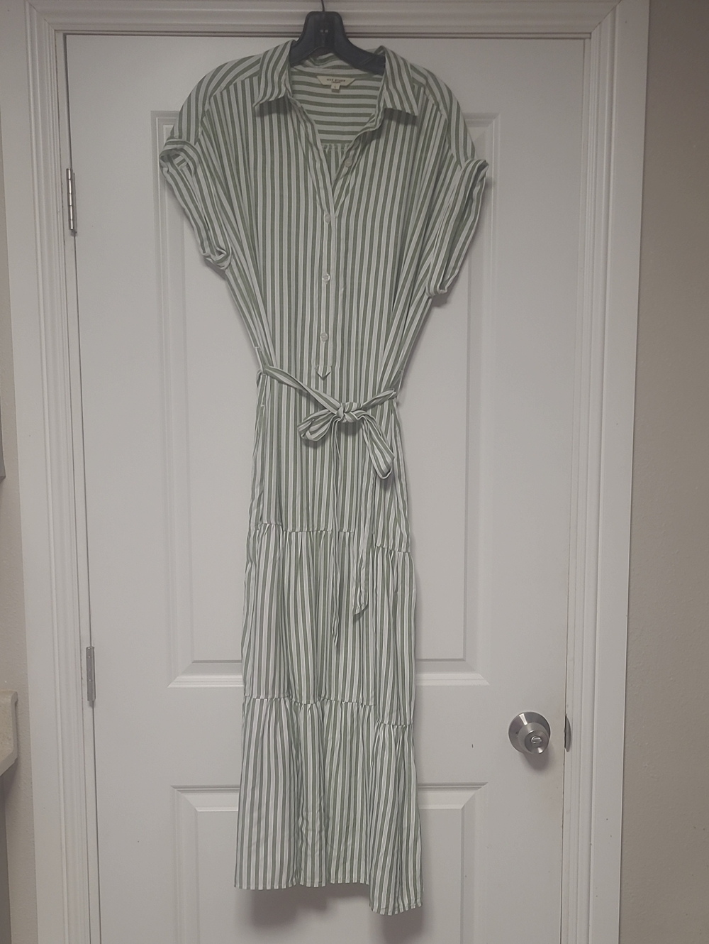 Max Studio Green and White Striped Maxi Shirt Dress